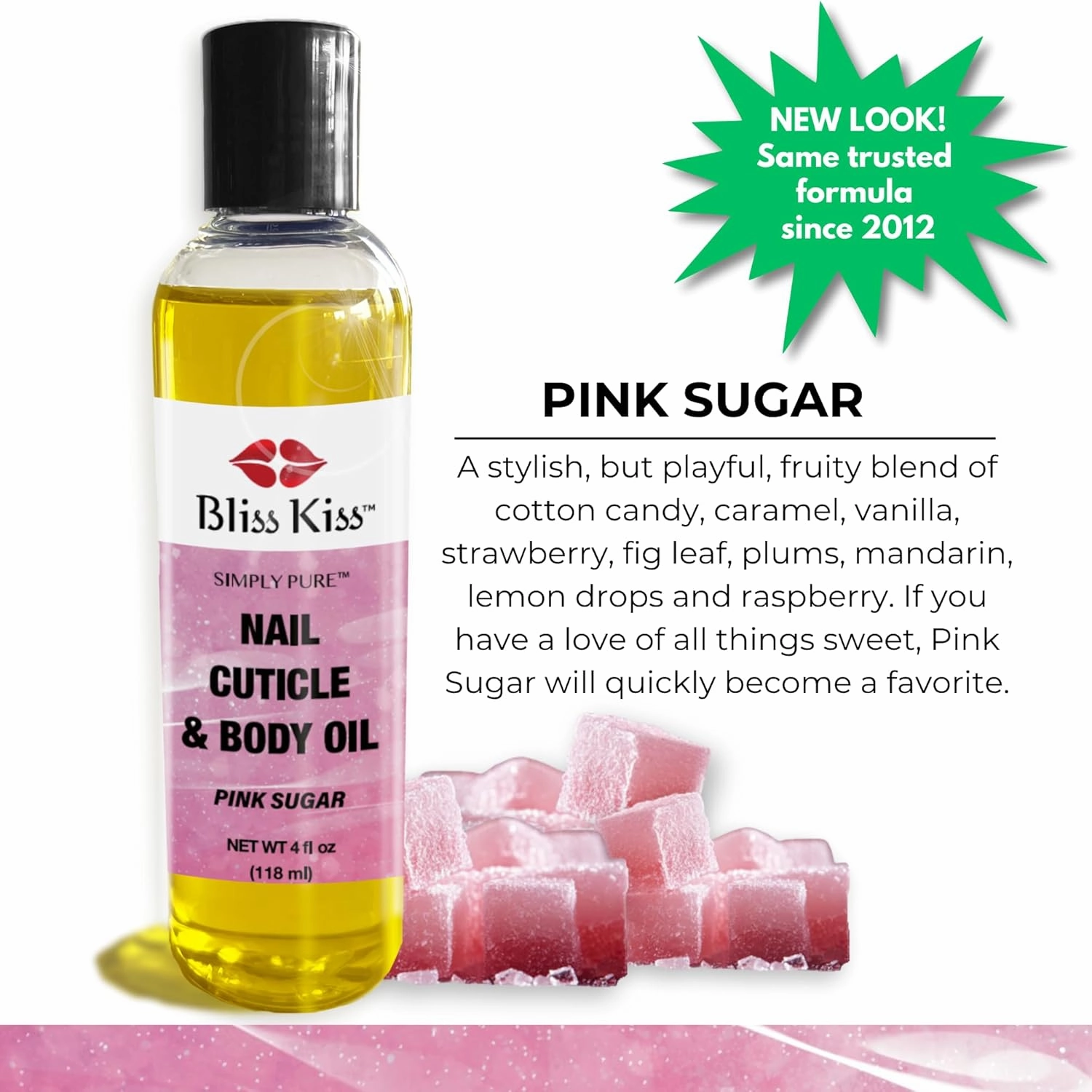 Bliss Kiss Simply Pure Hydrating Oil - 4 oz Bottle - Pink Sugar Scent - Cuticle & Nail Oil