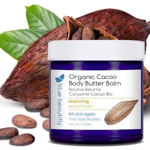 Blue Beautifly USDA Certified Organic Cacao Body Butter Balm - Soothes. Softens. Moisturizes. - Restores Dry, Chaffed, Cracked Skin - With Shea Butter, Cocoa Butter, and Vitamin E Oil - 4 fl oz
