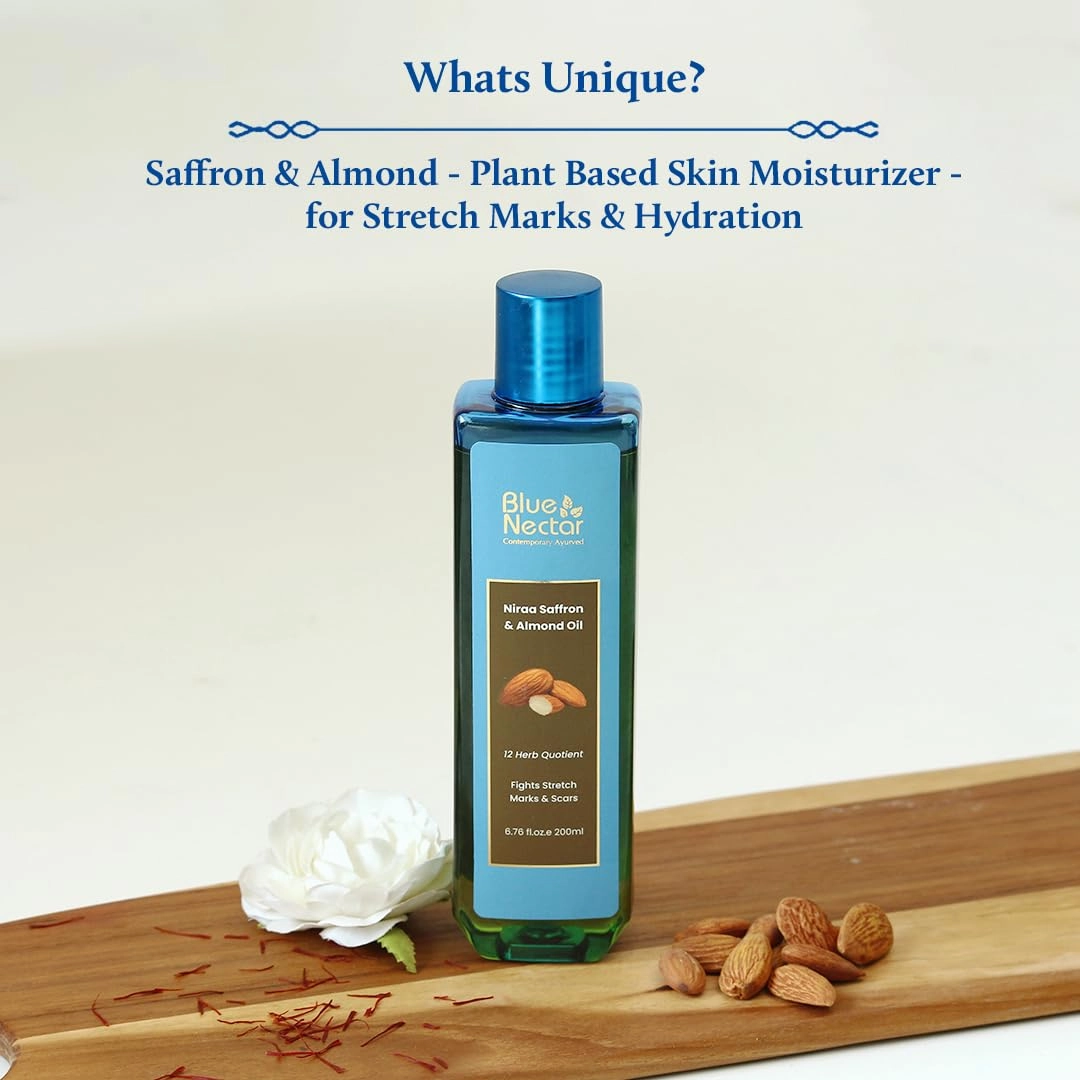 Blue Nectar Saffron & Almond Oil, Ayurveda Product for Crepey Skin | Skin Firming Body Oil for Stretch Marks (12 Herbs, 6.76 Fl Oz)