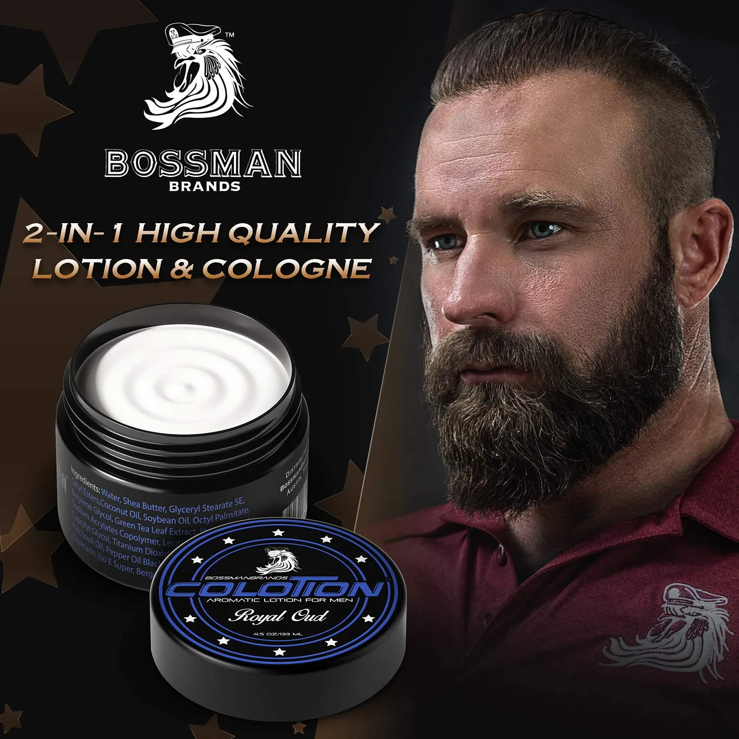 Bossman Colotion (Royal Oud Scent) – 2-in-1 Men's Lotion & Cologne, Moisturizing & Hydrating Scented Body Cream for Daily Use