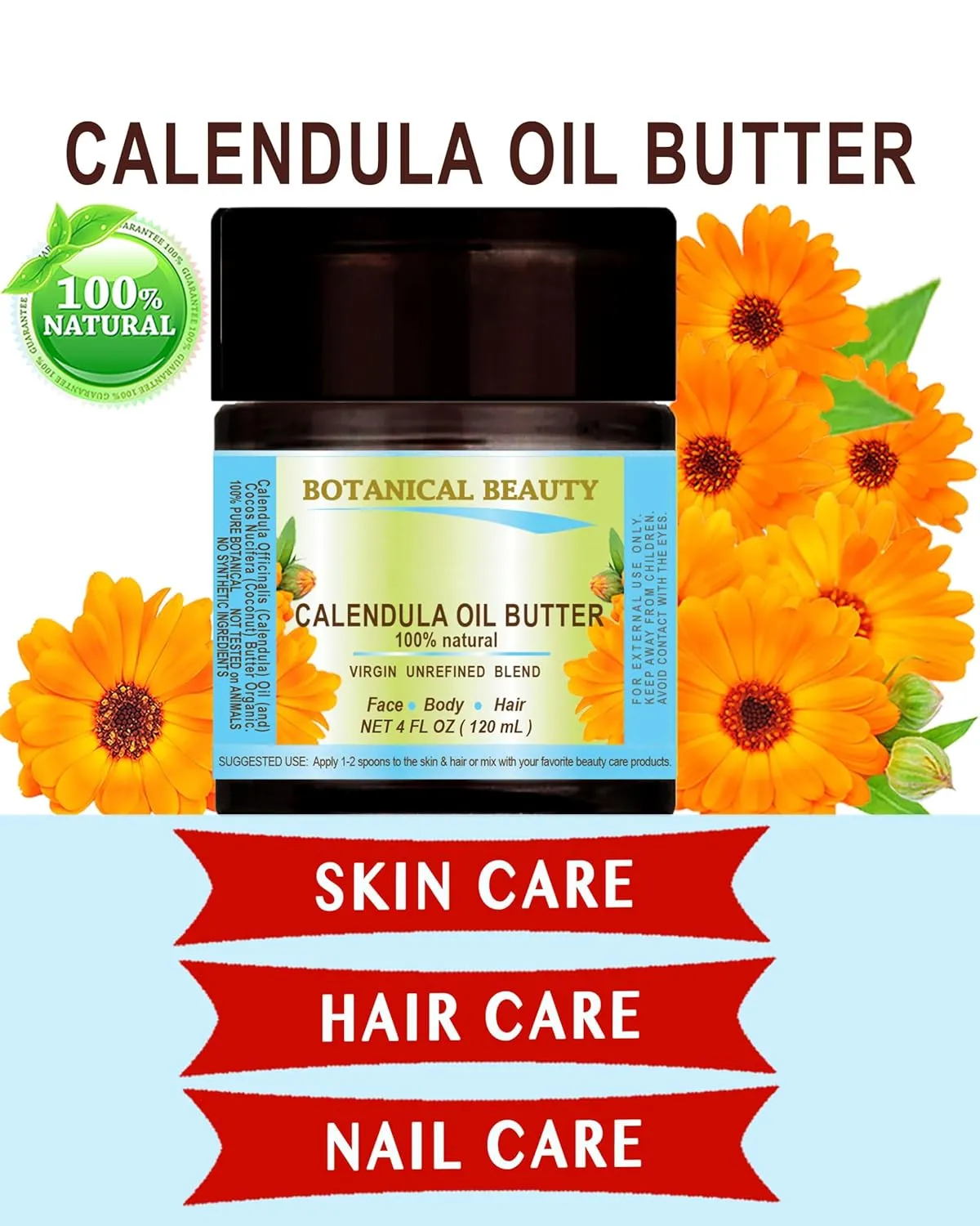 Botanical Beauty CALENDULA OIL BUTTER Calendula Officinalis Marigold Oil Butter 100% Pure Natural for FACE, SKIN, BODY, HAIR, NAILS, Foot Care 4 Fl Oz - 120 ml
