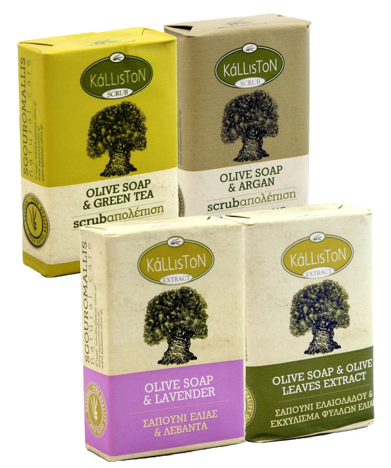 Botanical Collection, Includes Olive Oil Scrubs Green Tea and Argan & Extract Soaps Lavender and Olive Leaf, All Natural, Made in Ancient Crete, Greece, Pack of 4