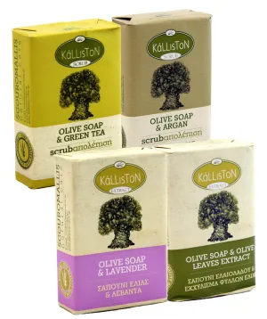 Botanical Collection, Includes Olive Oil Scrubs Green Tea and Argan & Extract Soaps Lavender and Olive Leaf, All Natural, Made in Ancient Crete, Greece, Pack of 4