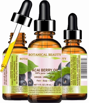 Botanical Beauty‎ ACAI BERRY OIL 100% Pure Natural Virgin Unrefined Cold Pressed Carrier Oil. 1 Fl Oz 30 ml for Face, Skin, Hair, Lip, Nails. Rich in Vitamin E