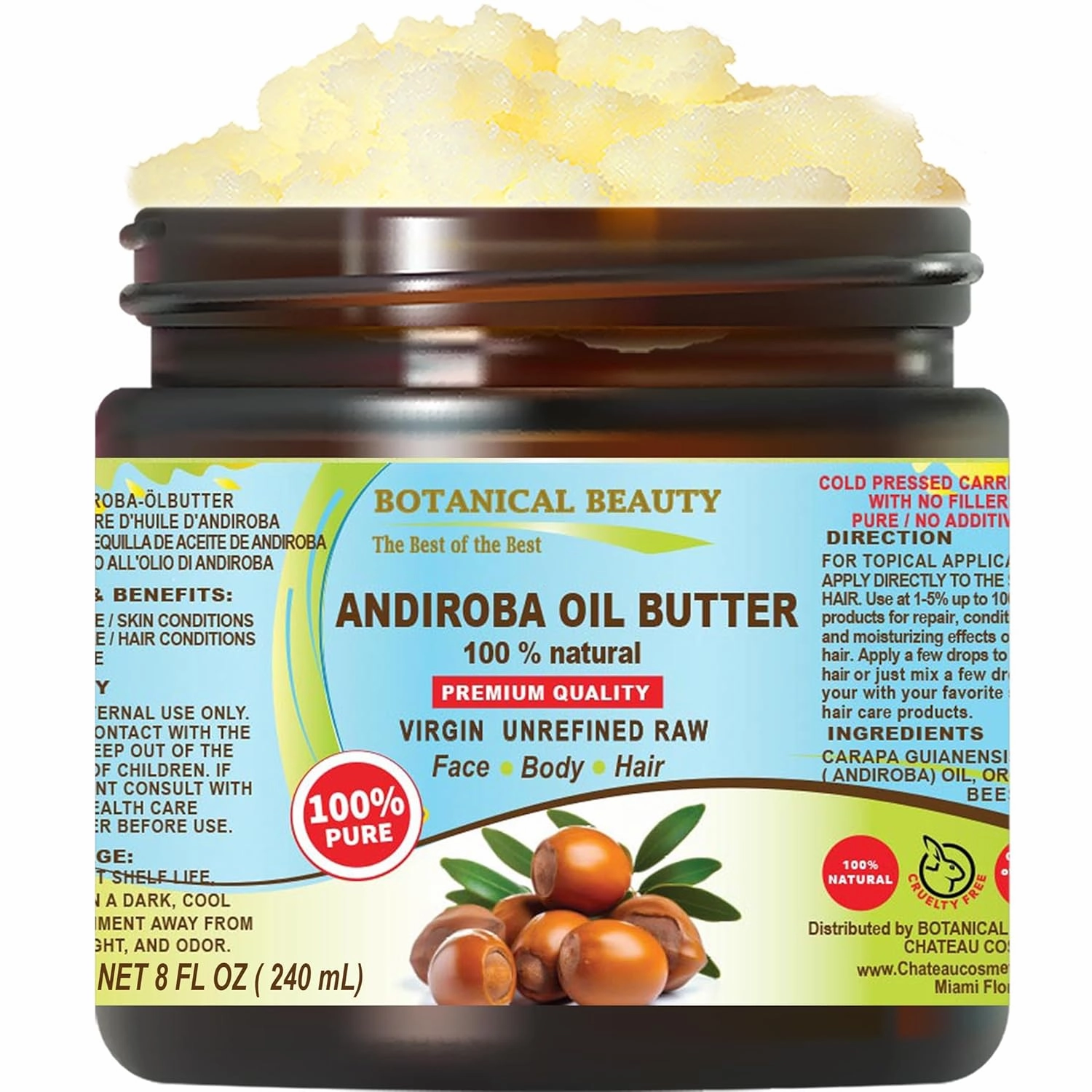 Botanical Beauty ANDIROBA OIL BUTTER RAW Pure Natural VIRGIN UNREFINED Cold-Pressed 8 Fl oz 240 ml for Face, Skin, Body, Hair, Lip, Nails. Rich in Vitamin E, Vitamin C