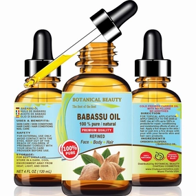 Botanical Beauty BABASSU OIL 100% Pure Natural REFINED Cold-Pressed Carrier Oil 4 Fl oz 120 ml for Face, Skin, Body, Hair, Lip, Nails. Rich in Vitamin E, Vitamin C