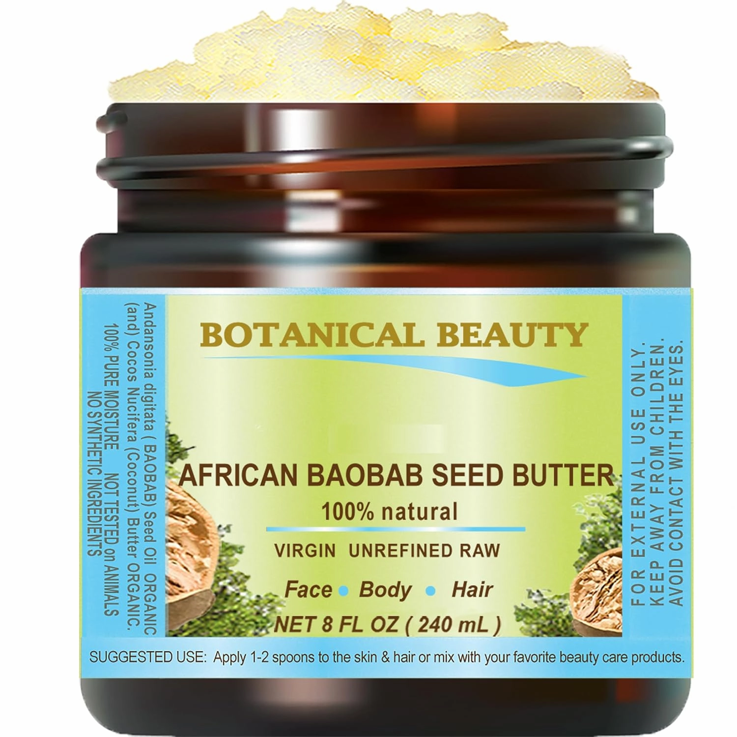 Botanical Beauty BAOBAB OIL BUTTER. 100% Natural RAW VIRGIN UNREFINED Cold Pressed for Face, Skin, Damaged Hair, Lips, Nails 8 Fl. oz. - 240 ml. Rich in Vitamin C
