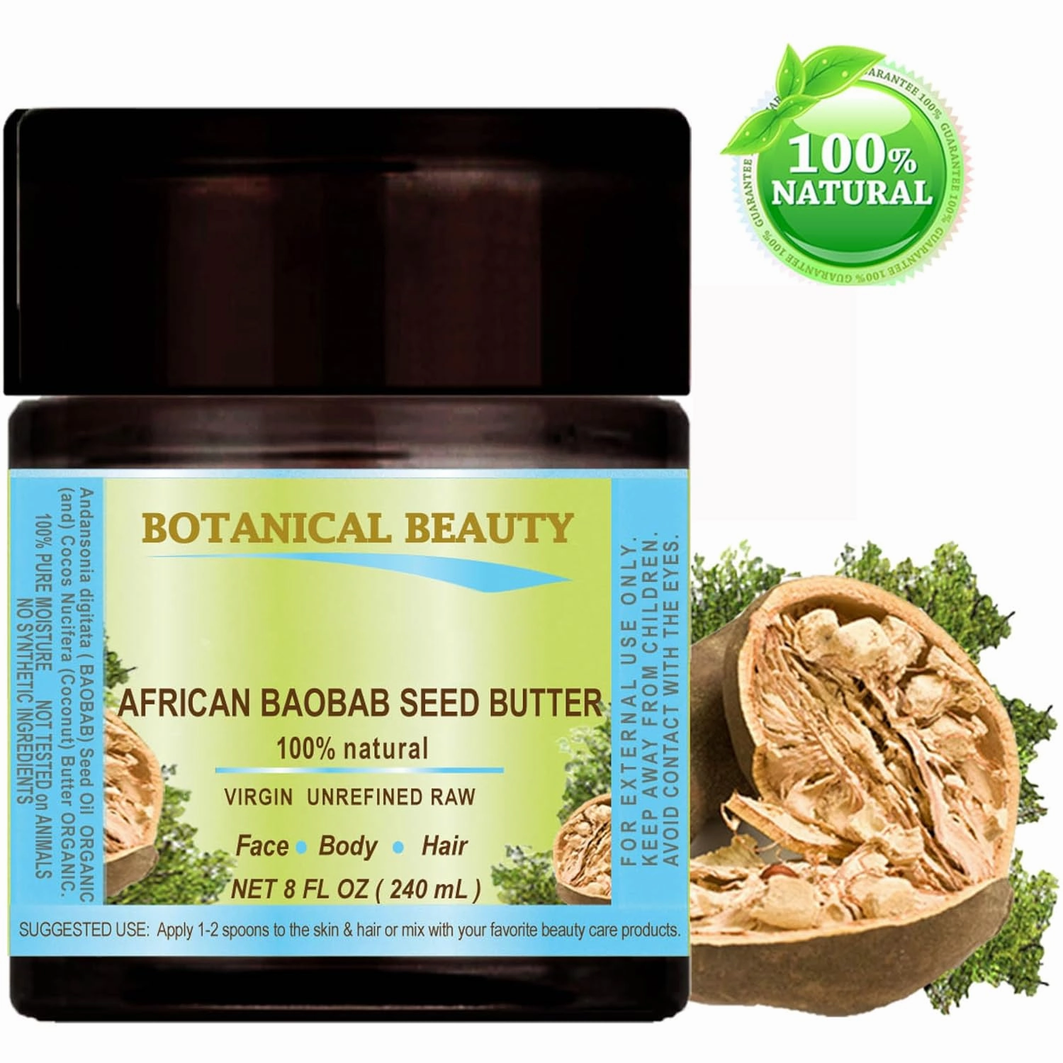 Botanical Beauty BAOBAB OIL BUTTER. 100% Natural RAW VIRGIN UNREFINED Cold Pressed for Face, Skin, Damaged Hair, Lips, Nails 8 Fl. oz. - 240 ml. Rich in Vitamin C