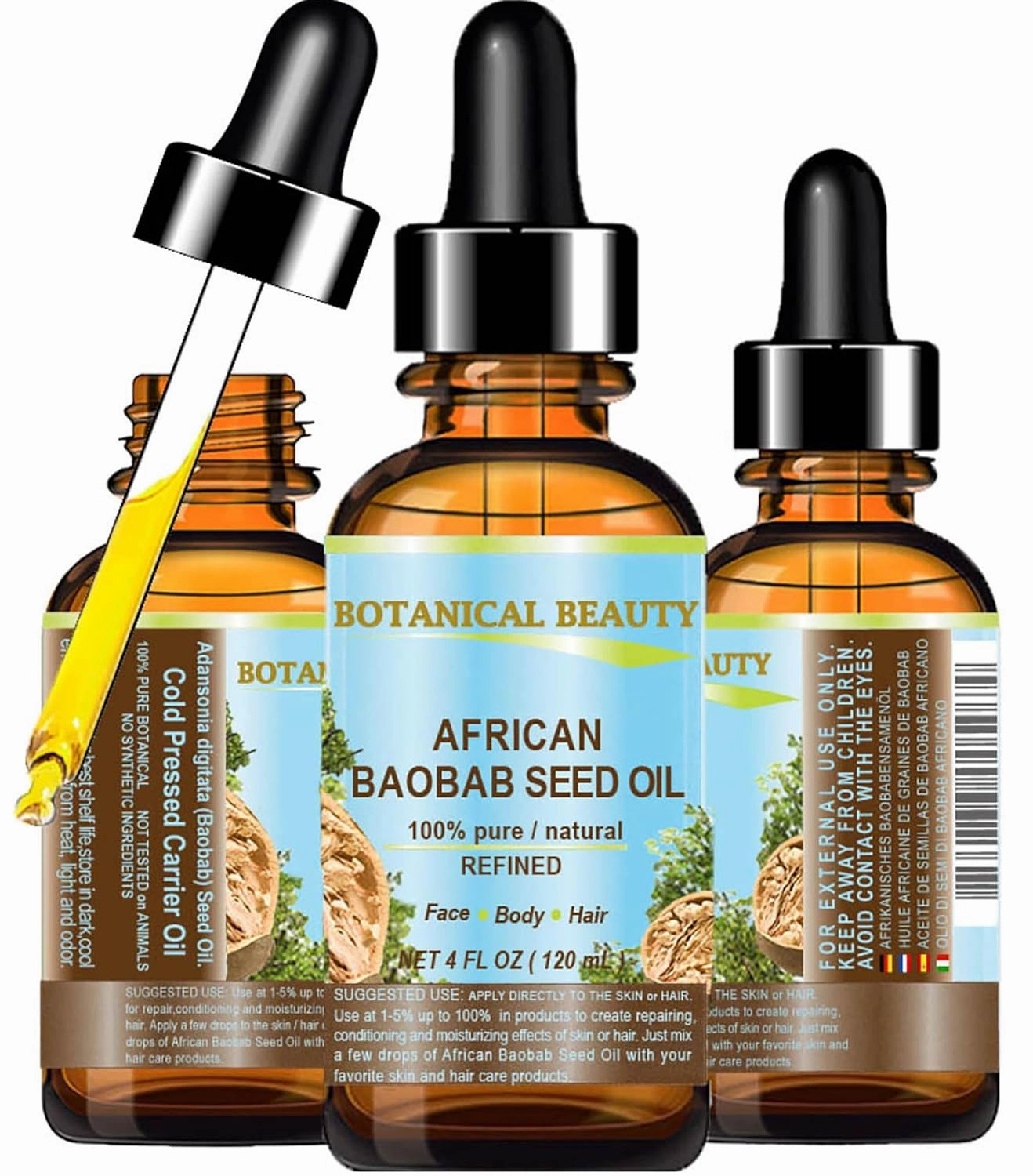 Botanical Beauty‎ BAOBAB SEED OIL 100% Pure Natural Refined Cold-Pressed Carrier Oil 4 Fl oz 120 ml For Face Skin Body Hair Lip Nails Rich in Vitamin C
