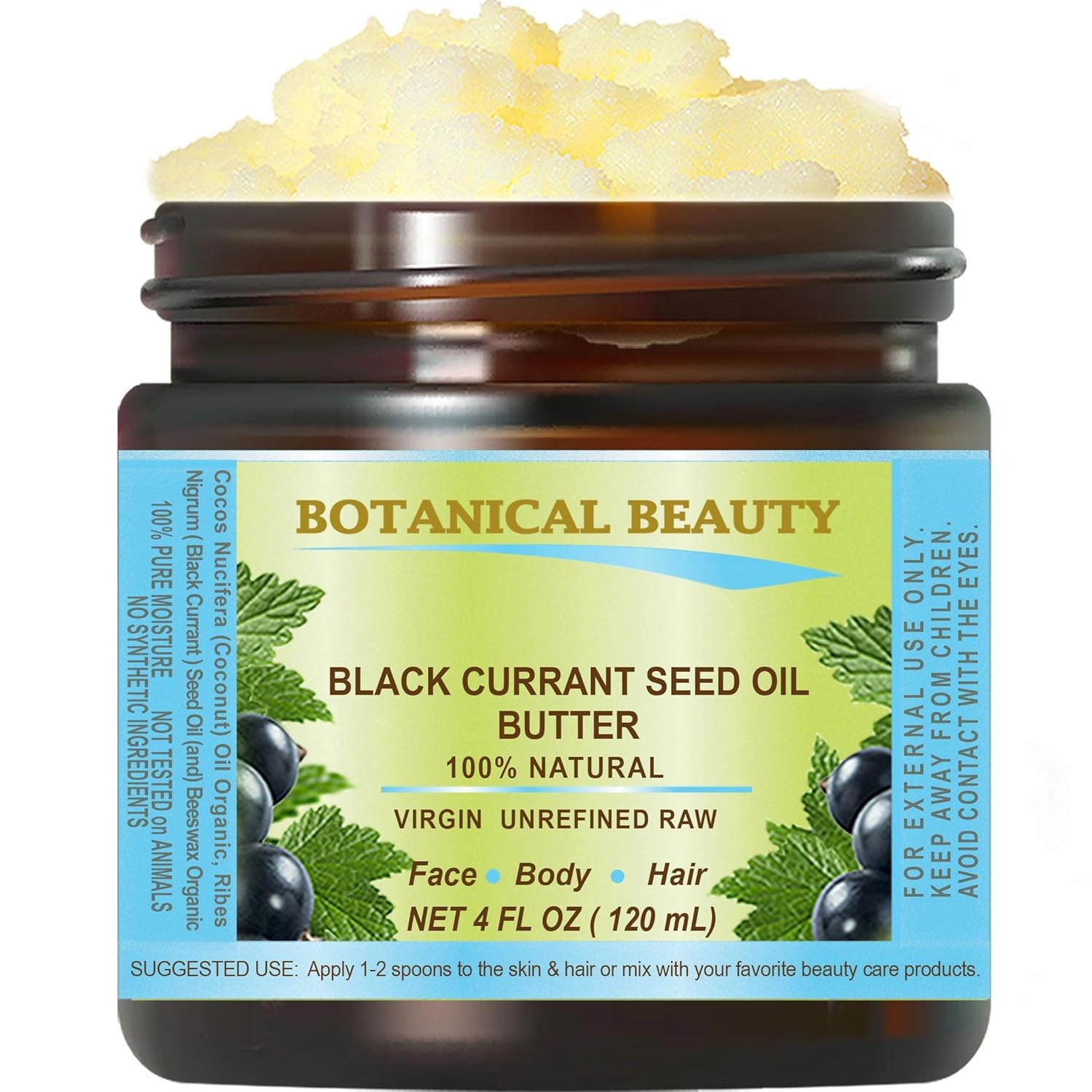 Botanical Beauty BLACK CURRANT SEED OIL BUTTER 100% Pure Natural VIRGIN UNREFINED Cold-Pressed 4 Fl oz 120 ml for Face, Skin, Body, Hair, Lip, Nails. Rich in Gamma-Linolenic Acid, Vitamin E