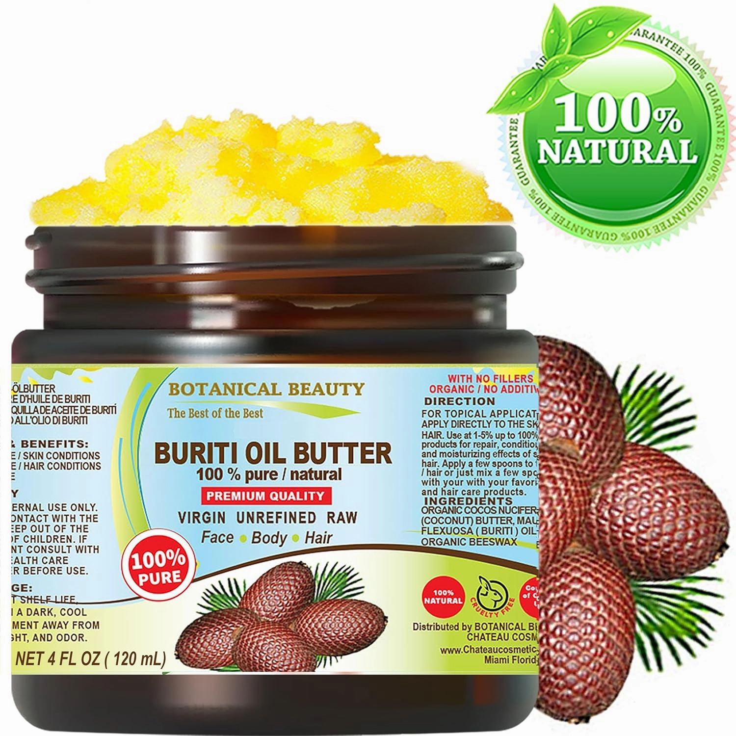 Botanical Beauty BURITI FRUIT OIL BUTTER Pure Natural Virgin Unrefined RAW 4 Fl. Oz.- 120 ml for FACE, SKIN, BODY, DAMAGED HAIR, NAILS. Natural sources of vitamin C and vitamin E