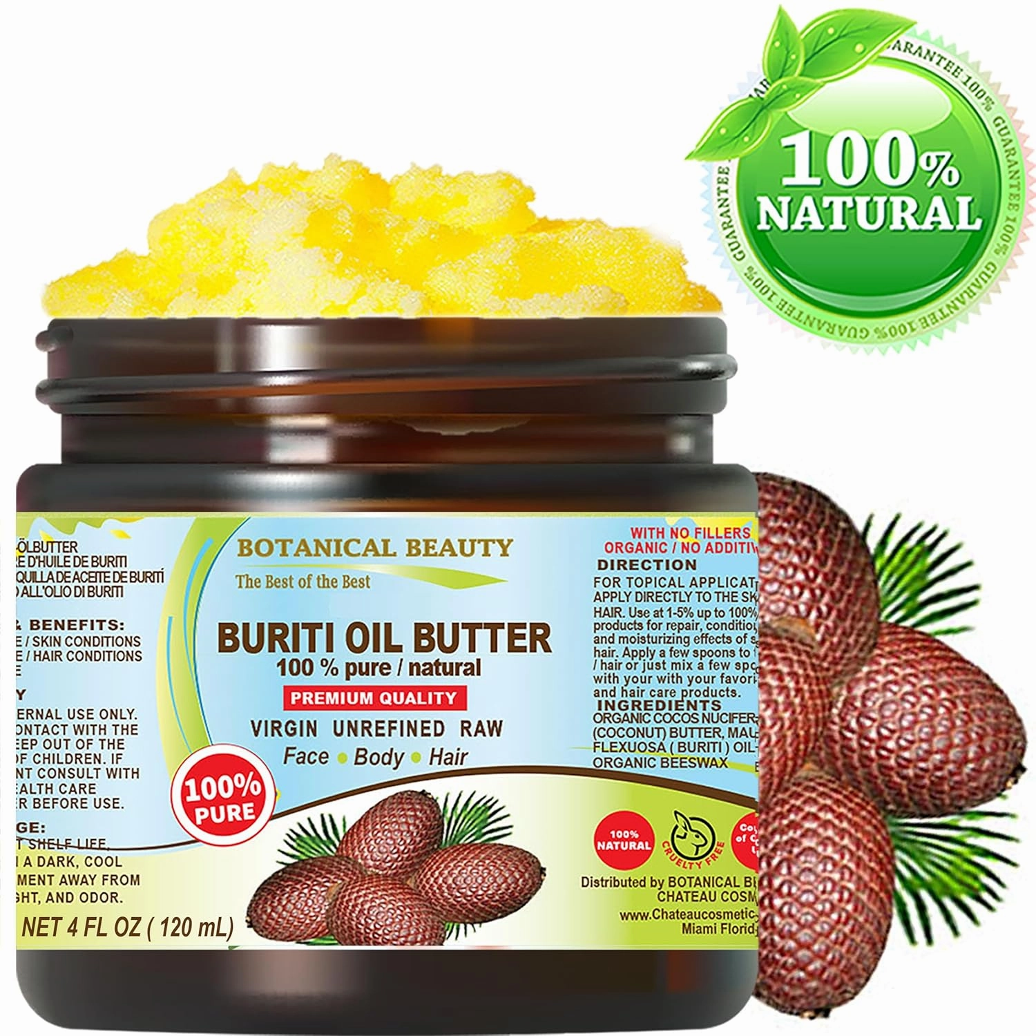 Botanical Beauty BURITI FRUIT OIL BUTTER Pure Natural Virgin Unrefined RAW 4 Fl. Oz.- 120 ml for FACE, SKIN, BODY, DAMAGED HAIR, NAILS. Natural sources of vitamin C and vitamin E