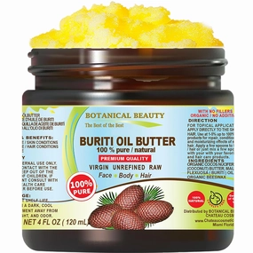 Botanical Beauty BURITI FRUIT OIL BUTTER Pure Natural Virgin Unrefined RAW 4 Fl. Oz.- 120 ml for FACE, SKIN, BODY, DAMAGED HAIR, NAILS. Natural sources of vitamin C and vitamin E
