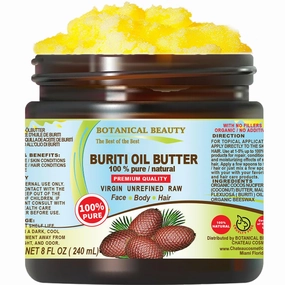 Botanical Beauty BURITI FRUIT OIL BUTTER Pure Natural Virgin Unrefined RAW 8 Fl. Oz.- 240 ml for FACE, SKIN, BODY, DAMAGED HAIR, NAILS. Natural sources of vitamin C, vitamin E