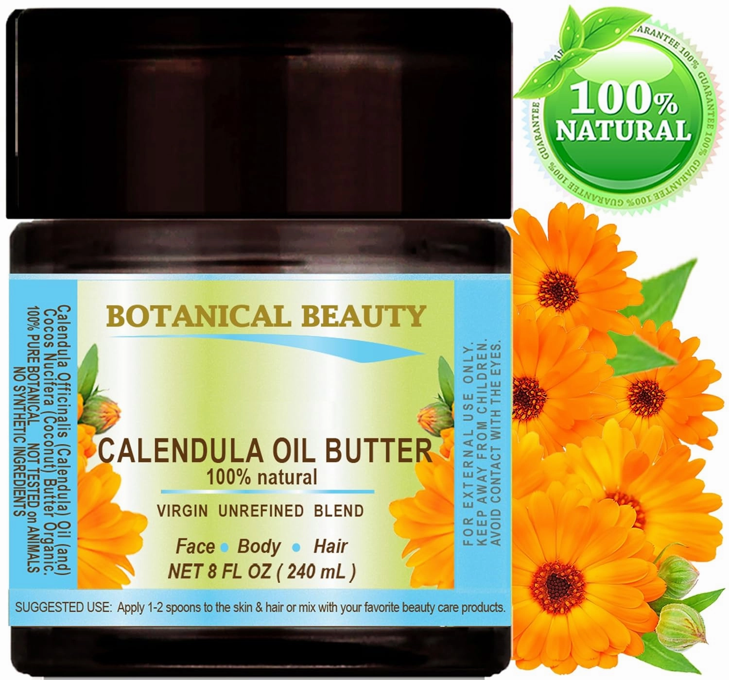 Botanical Beauty CALENDULA OIL BUTTER Calendula Officinalis Marigold Oil Butter 100% Pure Natural for FACE, SKIN, BODY, HAIR, NAILS, Foot Care 8 Fl Oz - 240 ml