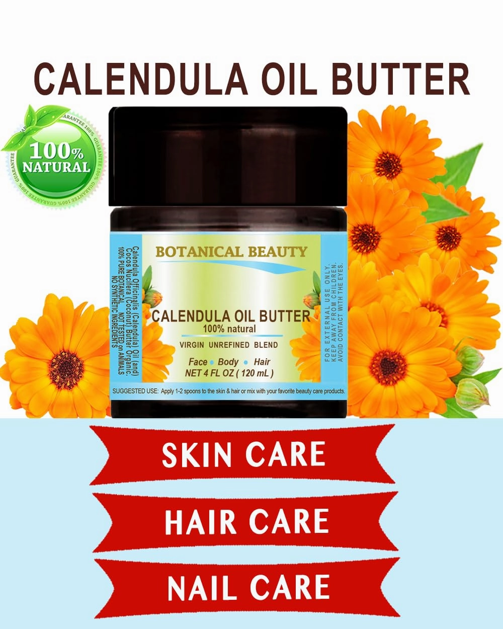 Botanical Beauty CALENDULA OIL BUTTER Calendula Officinalis Marigold Oil Butter 100% Pure Natural for FACE, SKIN, BODY, HAIR, NAILS, Foot Care 8 Fl Oz - 240 ml