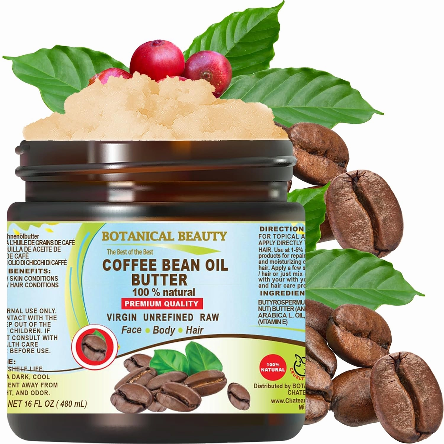 Botanical Beauty COFFEE BEAN OIL BUTTER 100% Natural VIRGIN RAW UNREFINED 16 Fl.oz.- 480 ml. Coffee Bean Essential Oil in Shea Nut Butter for FACE, SKIN, BODY, HAIR, NAILS.