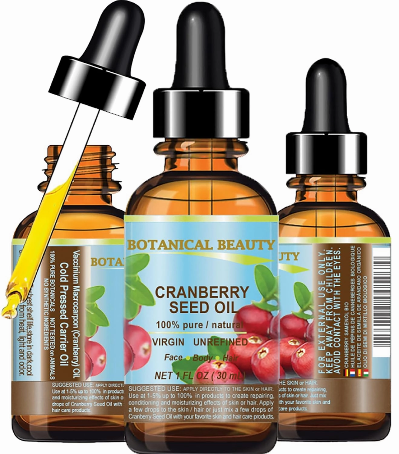 Botanical Beauty CRANBERRY SEED OIL 100% Pure Natural Unrefined Virgin Cold Pressed Carrier Oil. 1 fl.oz - 30 ml. for Face, Skin, Body, Hair, Lips, Nails, Anti - Aging Face Oil