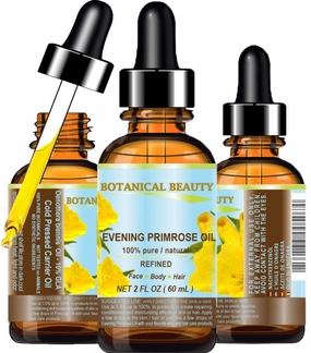 Botanical Beauty EVENING PRIMROSE OIL 100% Pure Natural Undiluted Unrefined Virgin Cold Pressed Carrier Oil. 2 Fl.oz.- 60 ml for face, skin, hair, nails. Rich in essential fatty acids GLA