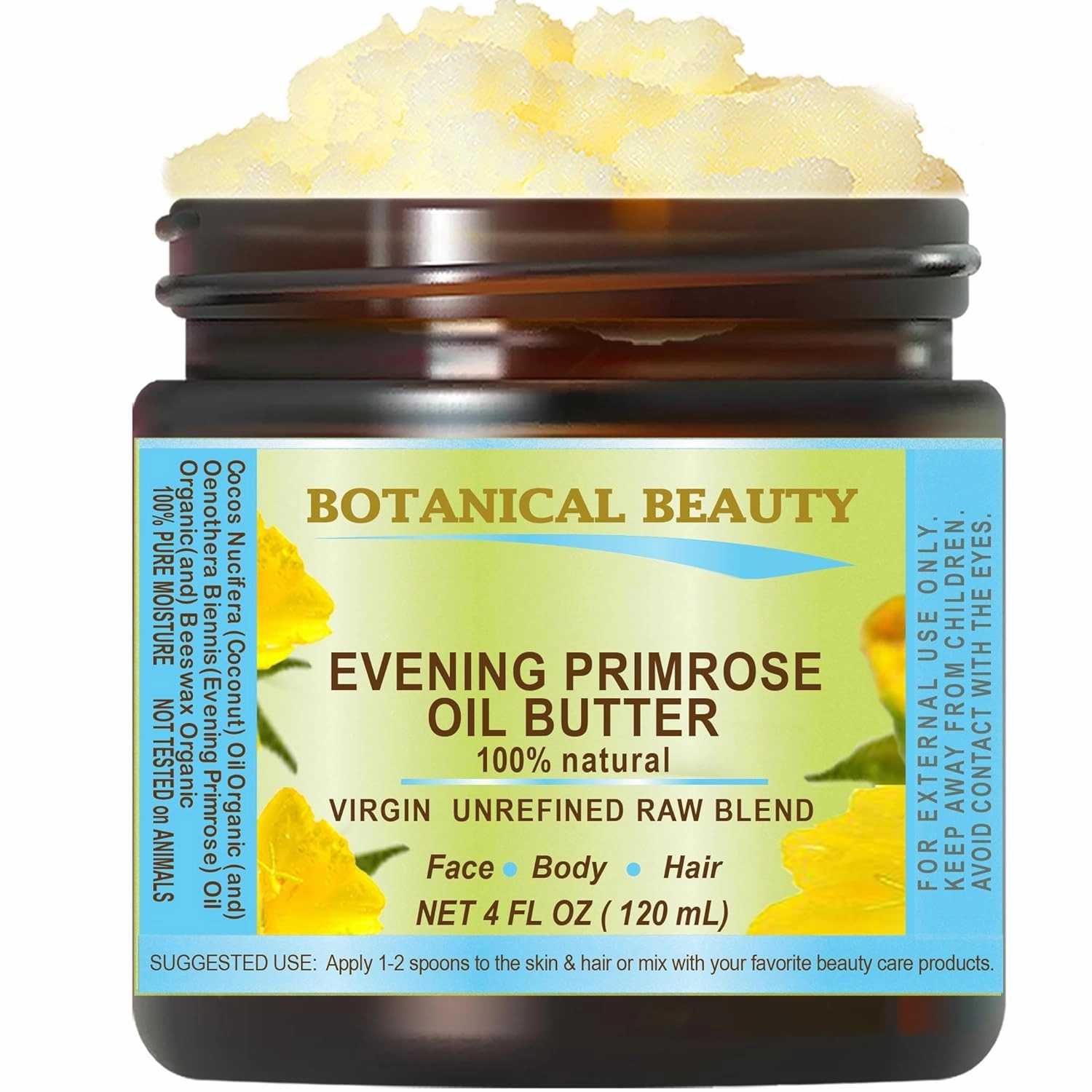 Botanical Beauty EVENING PRIMROSE OIL BUTTER Pure Natural Virgin Unrefined RAW 4 Fl. Oz.- 120 ml for FACE, SKIN, BODY, DAMAGED HAIR, NAILS.