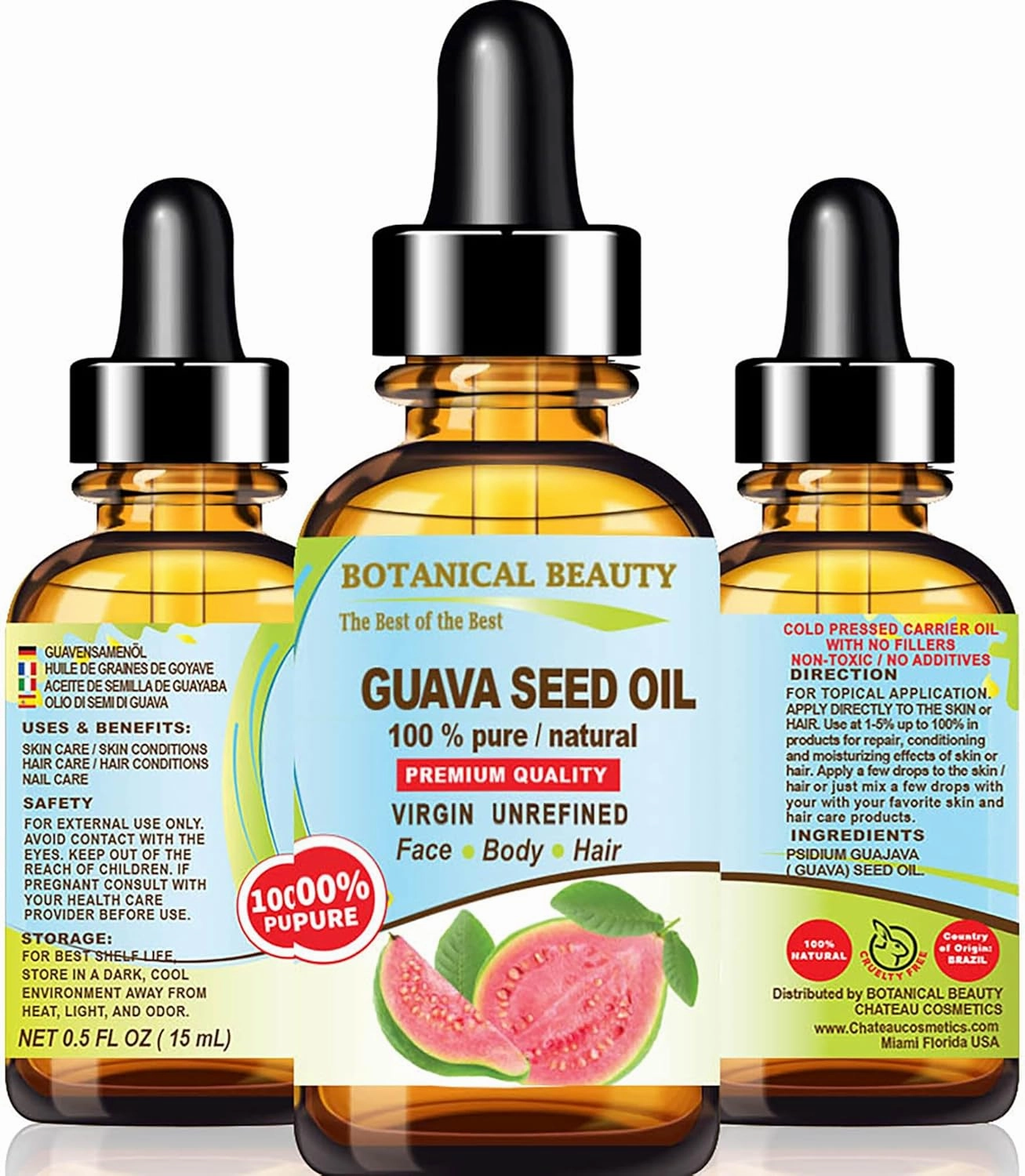 Botanical Beauty GUAVA SEED OIL 100% Pure Natural Virgin Unrefined Cold Pressed 0.5 Fl. Oz.- 15 ml for FACE, SKIN, BODY, HAIR, NAILS Anti-Aging Vitamin C