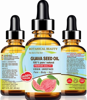 Botanical Beauty GUAVA SEED OIL 100% Pure Natural Virgin Unrefined Cold Pressed 2 Fl. Oz.- 60 ml for FACE, SKIN, BODY, HAIR, NAILS Anti-Aging Vitamin C