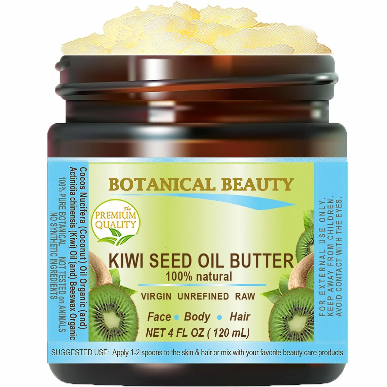 Botanical Beauty KIWI SEED OIL BUTTER RAW VIRGIN UNREFINED Cold pressed for Face, Body, Hair, Nails, Skin, Hands, 4 Fl. oz. - 120 ml. Rich in vitamin E, vitamin C