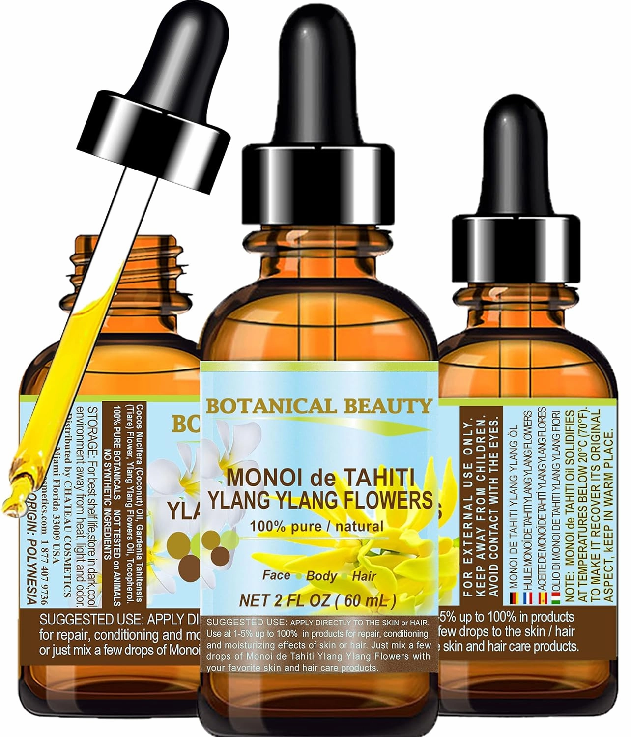 Botanical Beauty MONOI de TAHITI YLANG YLANG FLOWERS 100% Pure 2 Fl.oz - 60 ml. For Skin, Face, Hair and Nail Care.