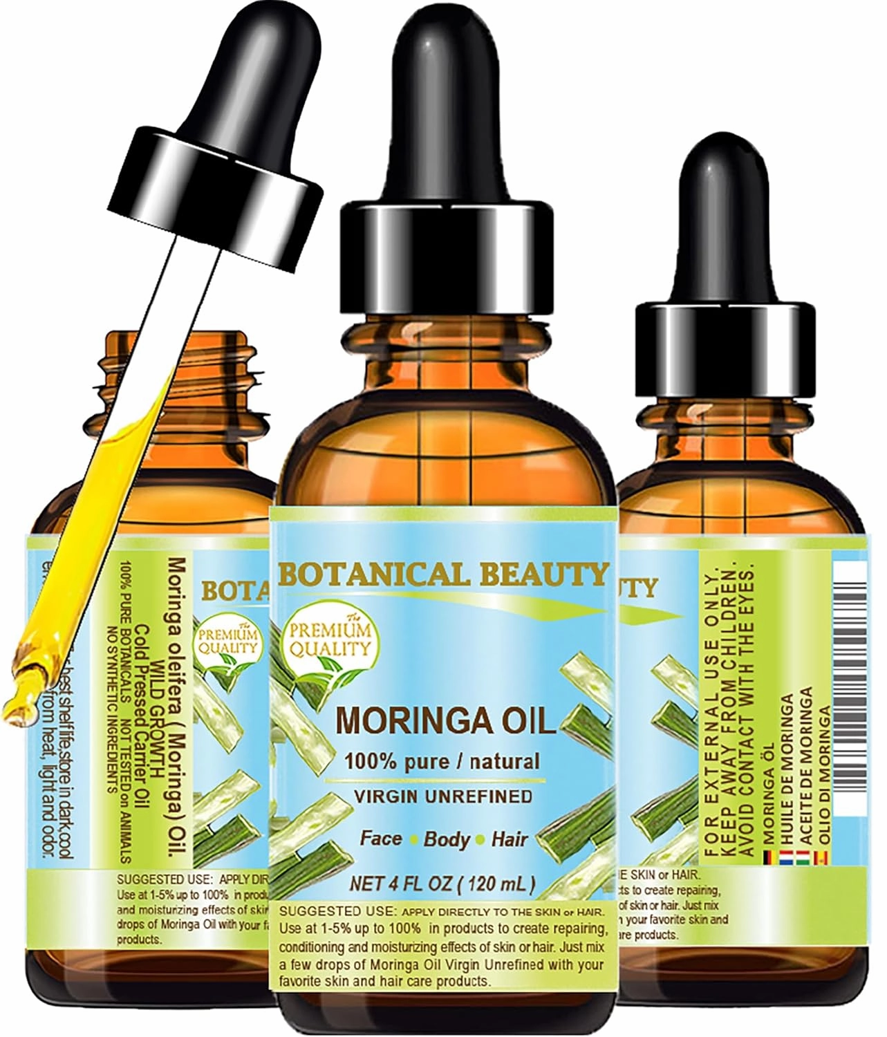 Botanical Beauty MORINGA OIL Moringa oleifera WILD GROWTH Himalayan. 100% Pure Natural Undiluted Virgin Unrefined 4 Fl.oz.- 120 ml for Face, Skin, Hair, Lip, Nails
