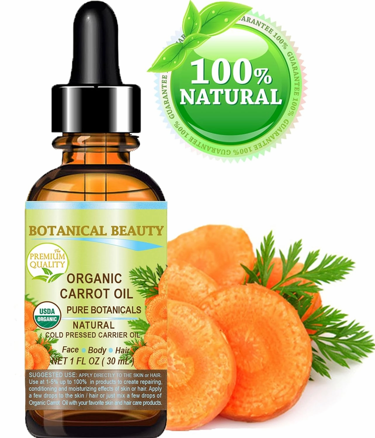 Botanical Beauty Organic CARROT SEED OIL 100% Pure VIRGIN UNREFINED Undiluted Cold Pressed Carrier Oil 1 Fl.oz.‐ 30 ml. for Face, Skin, Body, Hair, Lip, Nails. Rich in Beta Carotene, Vitamin E