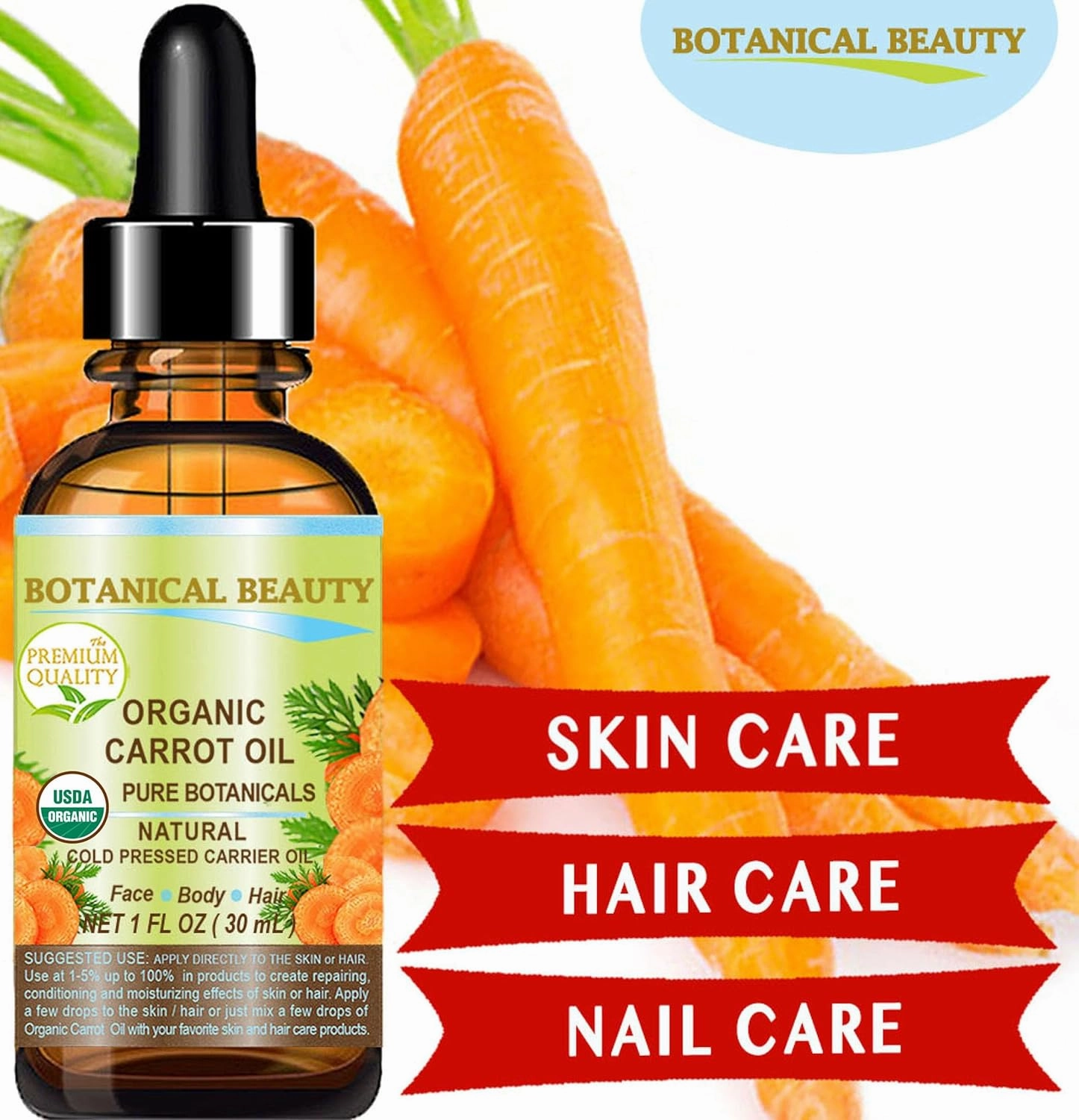Botanical Beauty Organic CARROT SEED OIL 100% Pure VIRGIN UNREFINED Undiluted Cold Pressed Carrier Oil 1 Fl.oz.‐ 30 ml. for Face, Skin, Body, Hair, Lip, Nails. Rich in Beta Carotene, Vitamin E