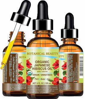 Botanical Beauty Organic HIBISCUS OIL (Hibiscus Sabdariffa) JAPANESE 100 Pure Natural VIRGIN UNREFINED COLD PRESSED Anti Aging, Vitamin E oil for FACE, SKIN, HAIR GROWTH 4 Fl.oz.- 120 ml