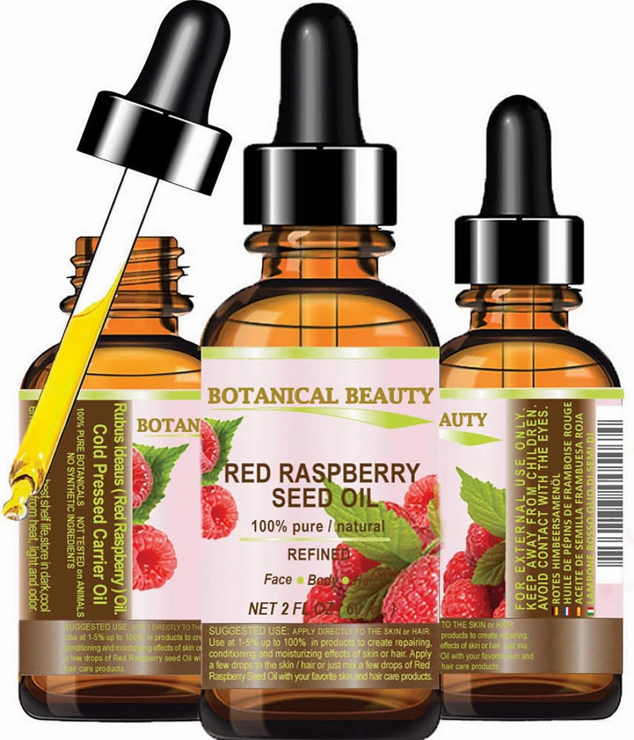 Botanical Beauty Red Raspberry Seed Oil 100% Pure Natural Undiluted Refined Cold Pressed Carrier Oil 2 Fl.oz.- 60 ml. for Face, Skin, Hair, Lips, Nails. Rich in Vitamin C, Vitamin E