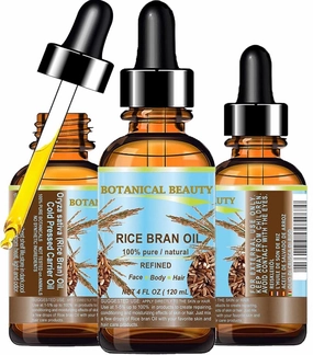 Botanical Beauty RICE BRAN OIL 100% Pure Natural Refined Undiluted Cold Pressed Carrier Oil for Face, Skin, Body, Hair, Massage, Nails. 4 Fl. oz - 120 ml