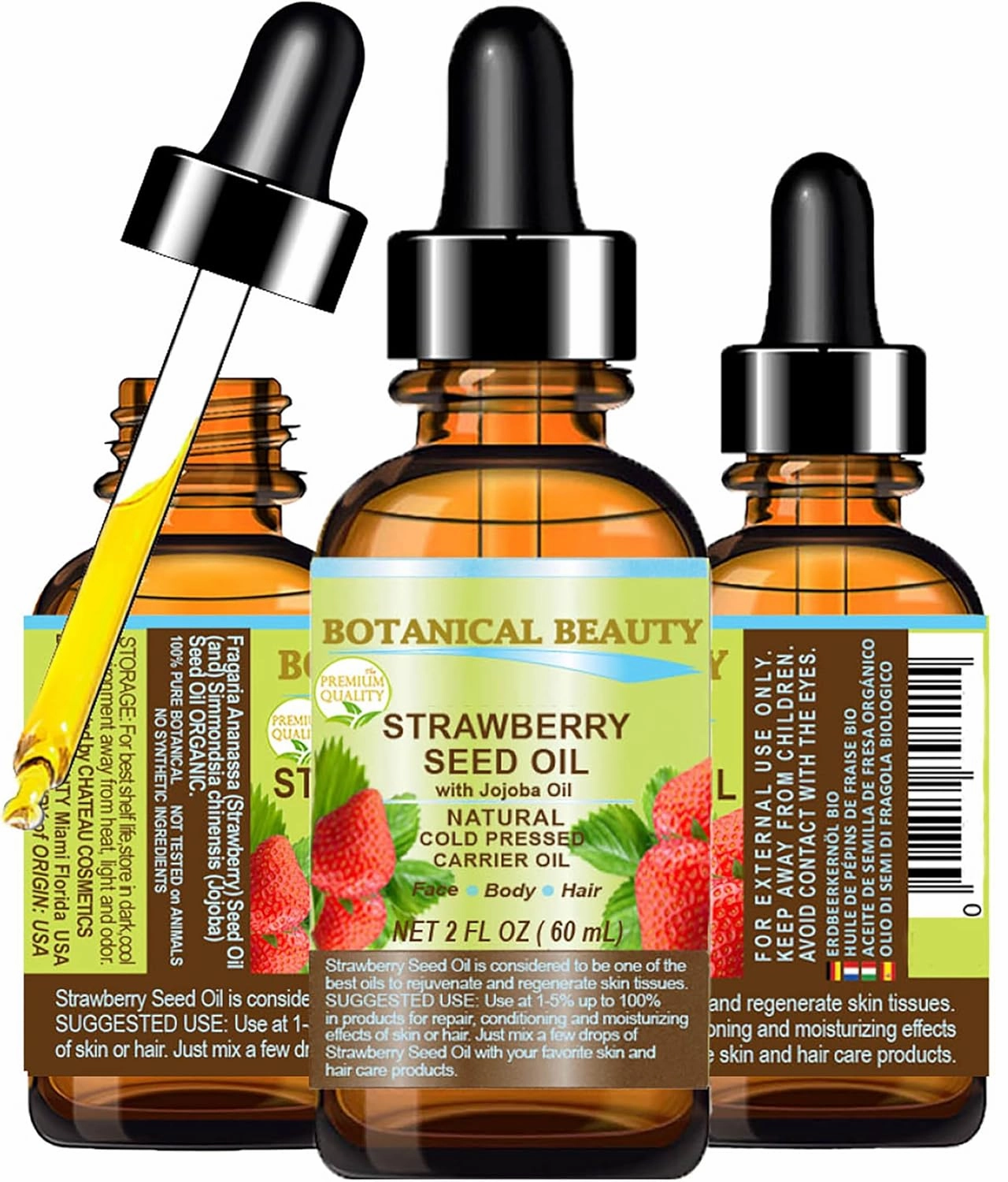 Botanical Beauty STRAWBERRY SEED OIL 100% Pure Natural Moisturizer. Cold Pressed Carrier oil. 2 Fl.oz.- 60 ml. For Face, Skin, Hair, Lip, Nails. Rich in Omega-3, Vitamin C, Vitamin E