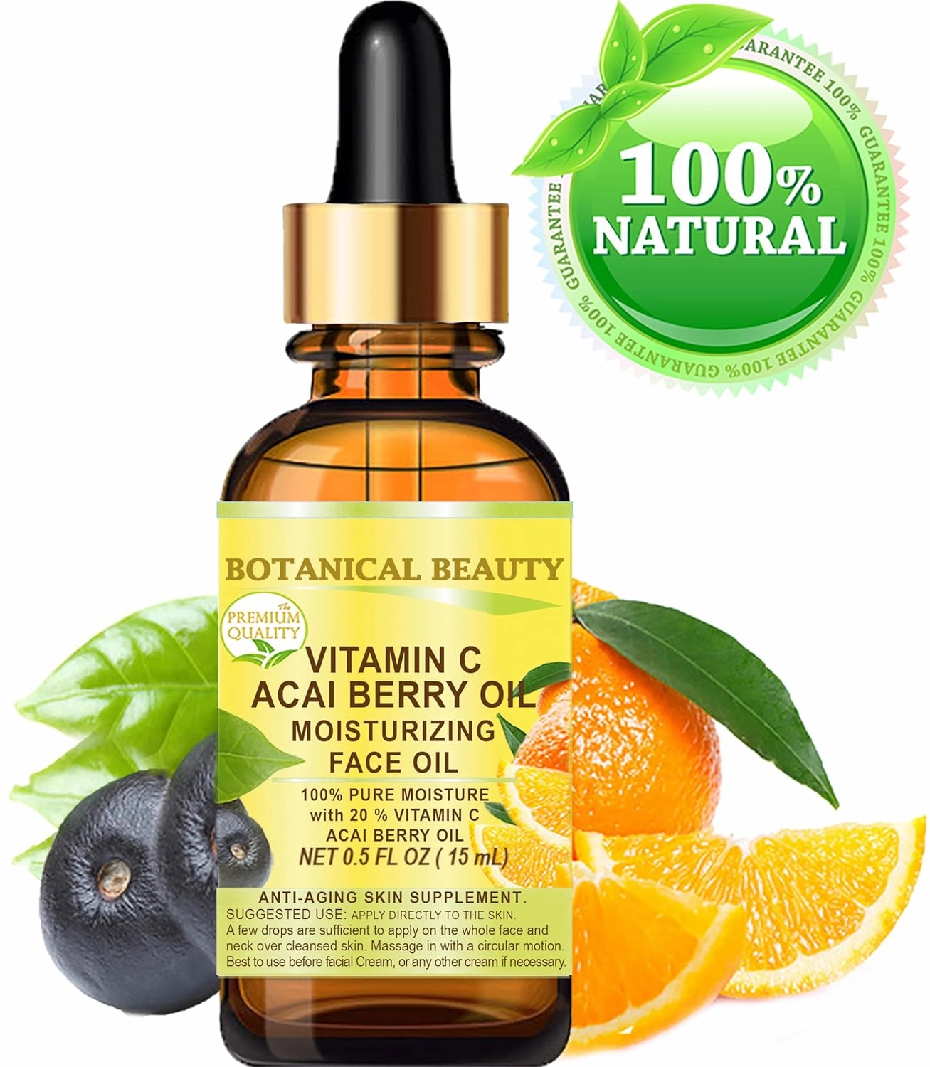 Botanical Beauty VITAMIN C ACAI BERRY FRUIT OIL. Moisturizing, Anti-Aging, Regenerating, Nourishing Face Oil. 20% Vitamin C and 100% Pure Acai Berry Fruit Oil (0.5 Fl Oz (Pack of 1))