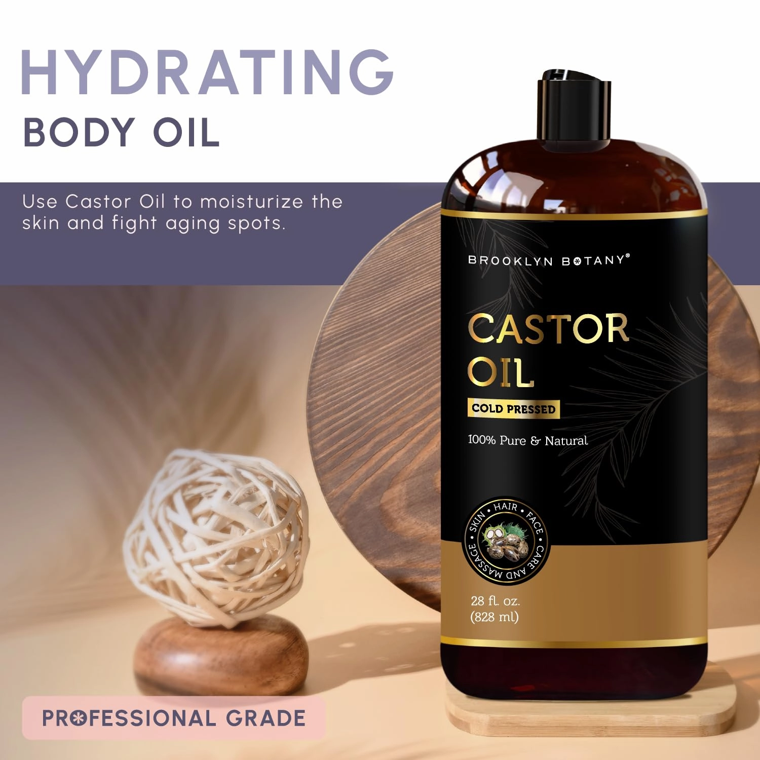 Brooklyn Botany Castor Oil for Hair Growth, Eyelashes & Eyebrows - 100% Pure and Natural Carrier Oil, Hair & Body Oil - Moisturizing Massage Oil for Aromatherapy - 28 Fl Oz