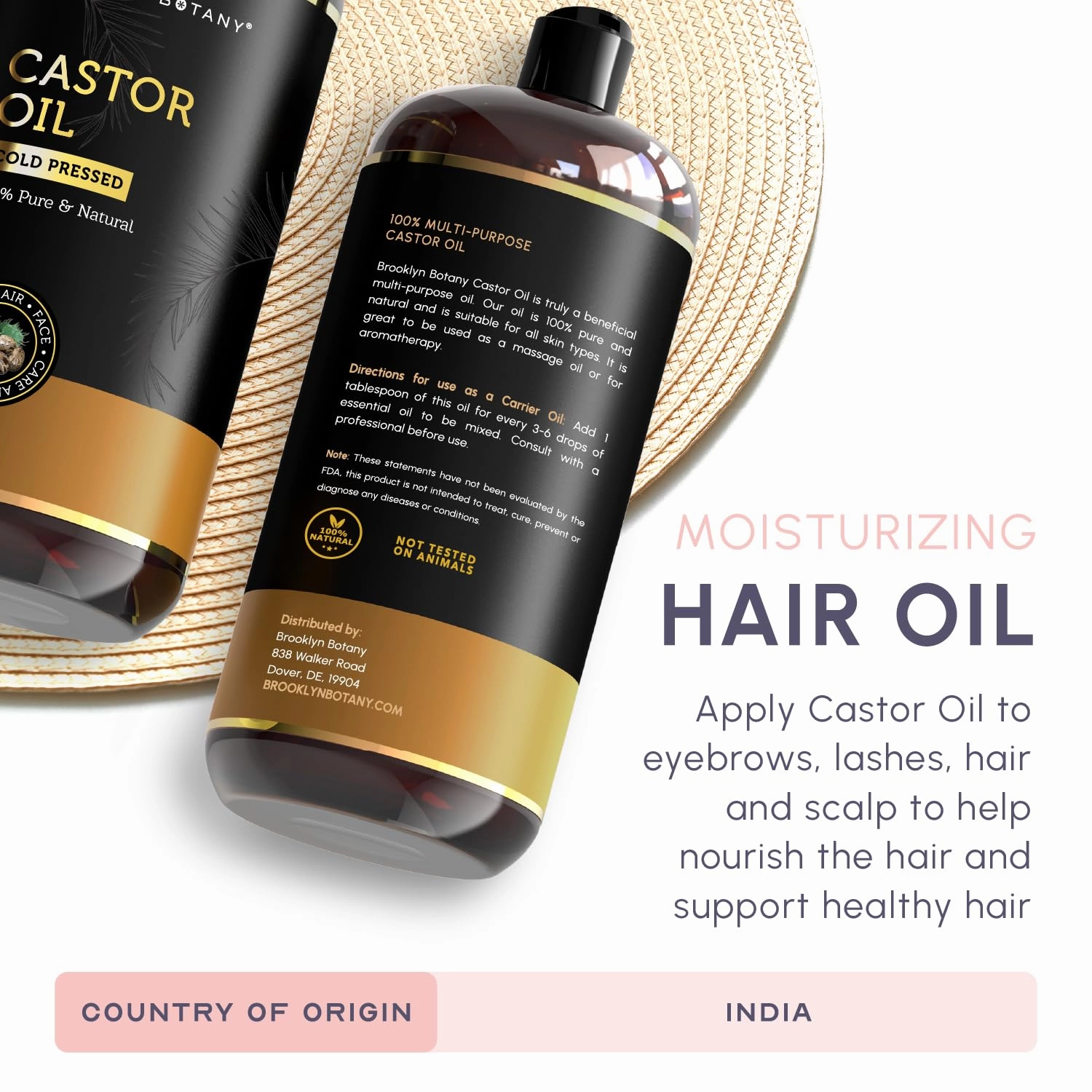 Brooklyn Botany Castor Oil for Hair Growth, Eyelashes & Eyebrows - 100% Pure and Natural Carrier Oil, Hair & Body Oil - Moisturizing Massage Oil for Aromatherapy - 28 Fl Oz
