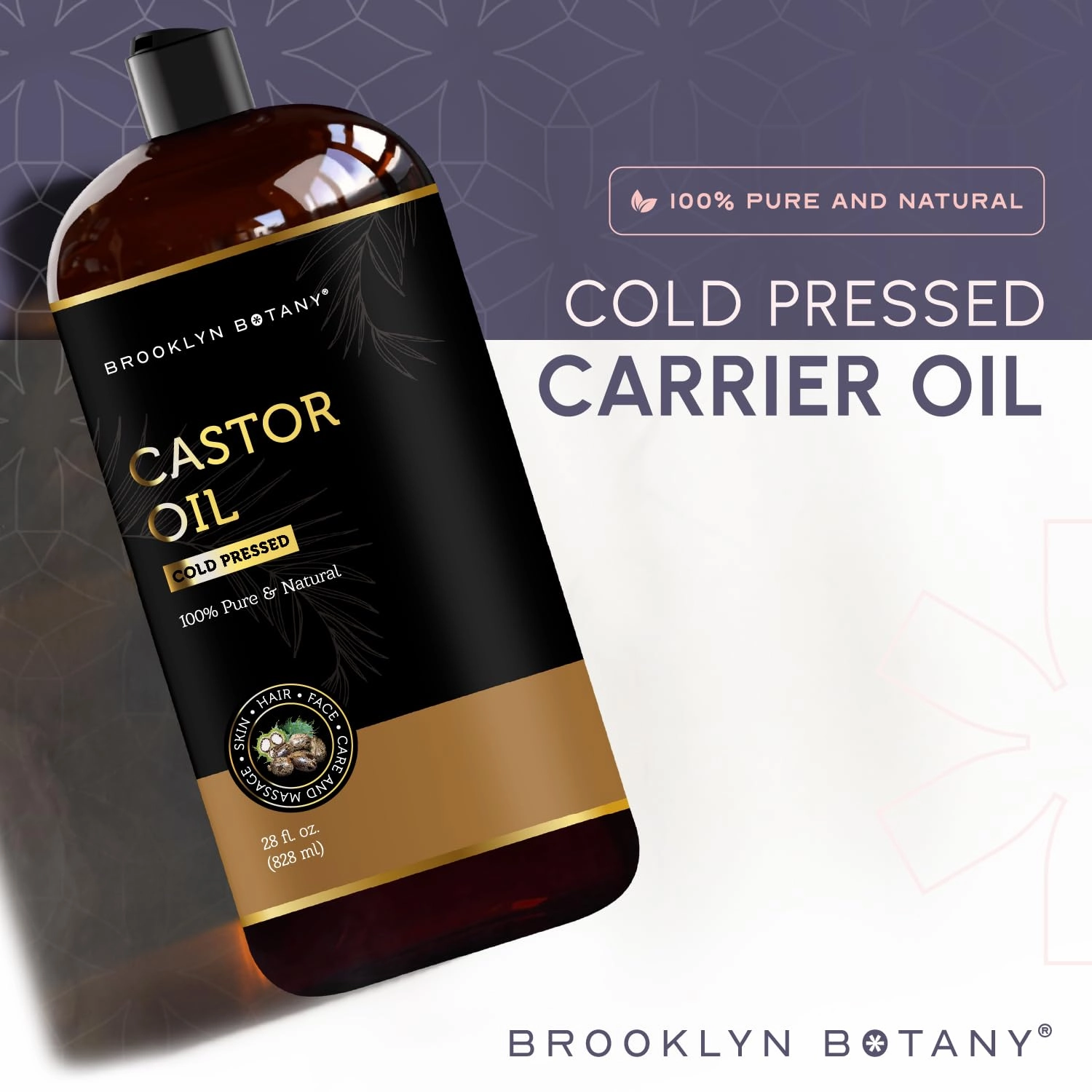 Brooklyn Botany Castor Oil for Hair Growth, Eyelashes & Eyebrows - 100% Pure and Natural Carrier Oil, Hair & Body Oil - Moisturizing Massage Oil for Aromatherapy - 28 Fl Oz