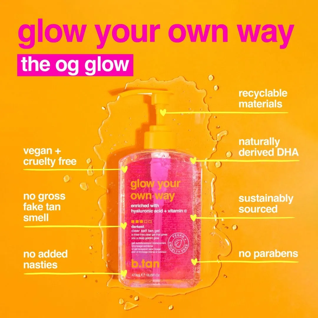b.tan Best Clear Self Tan Gel & Face Spray Kit | Glow Your Own Way   Mist Bundle - Dark, 1 Hour Express, Transfer-Resistant Fake Tanner Gel with Gradual Tan Facial Mist, with Body Mitt Applicator