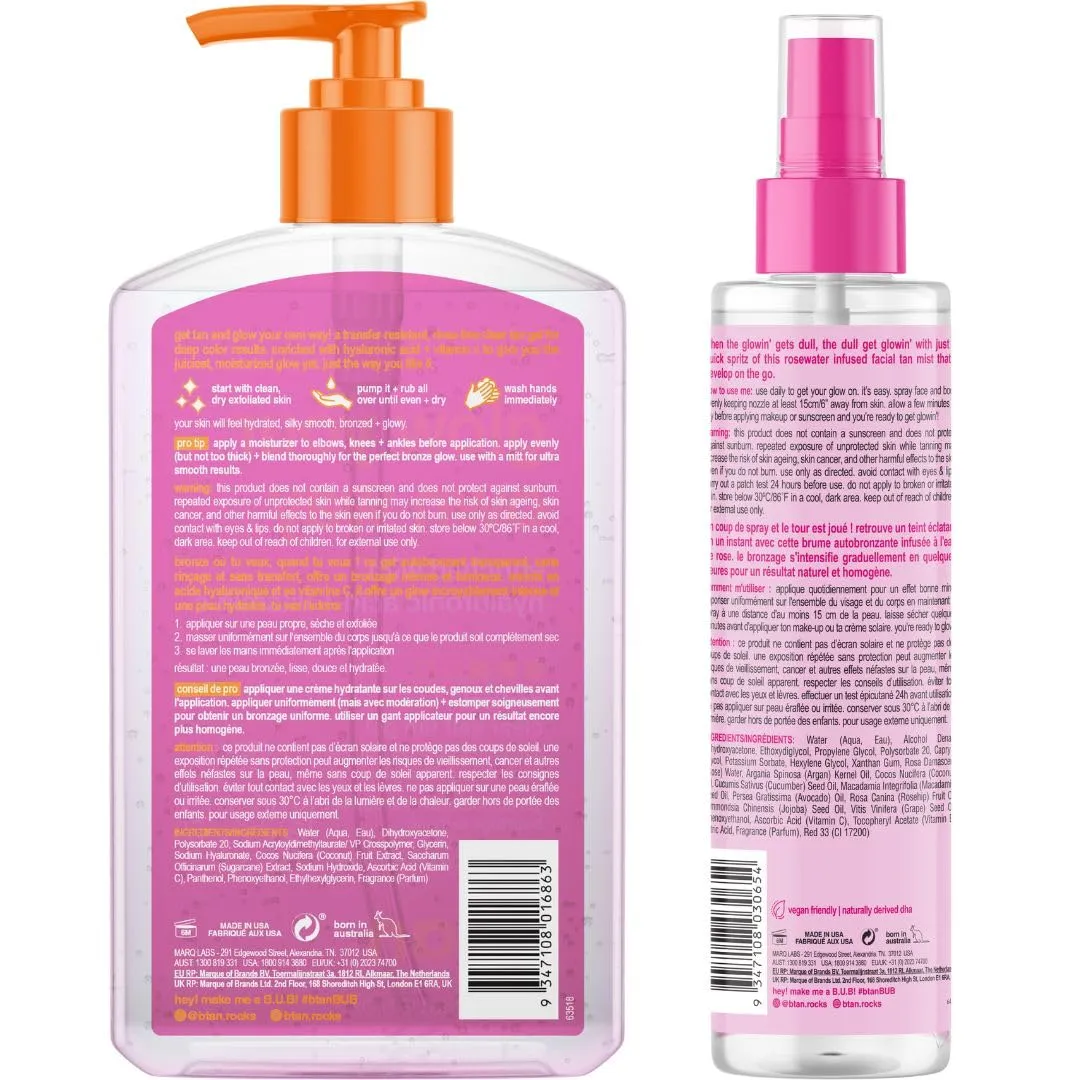 b.tan Best Clear Self Tan Gel & Face Spray Kit | Glow Your Own Way   Mist Bundle - Dark, 1 Hour Express, Transfer-Resistant Fake Tanner Gel with Gradual Tan Facial Mist, with Body Mitt Applicator