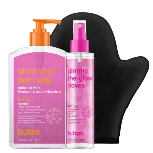 b.tan Best Clear Self Tan Gel & Face Spray Kit | Glow Your Own Way   Mist Bundle - Dark, 1 Hour Express, Transfer-Resistant Fake Tanner Gel with Gradual Tan Facial Mist, with Body Mitt Applicator