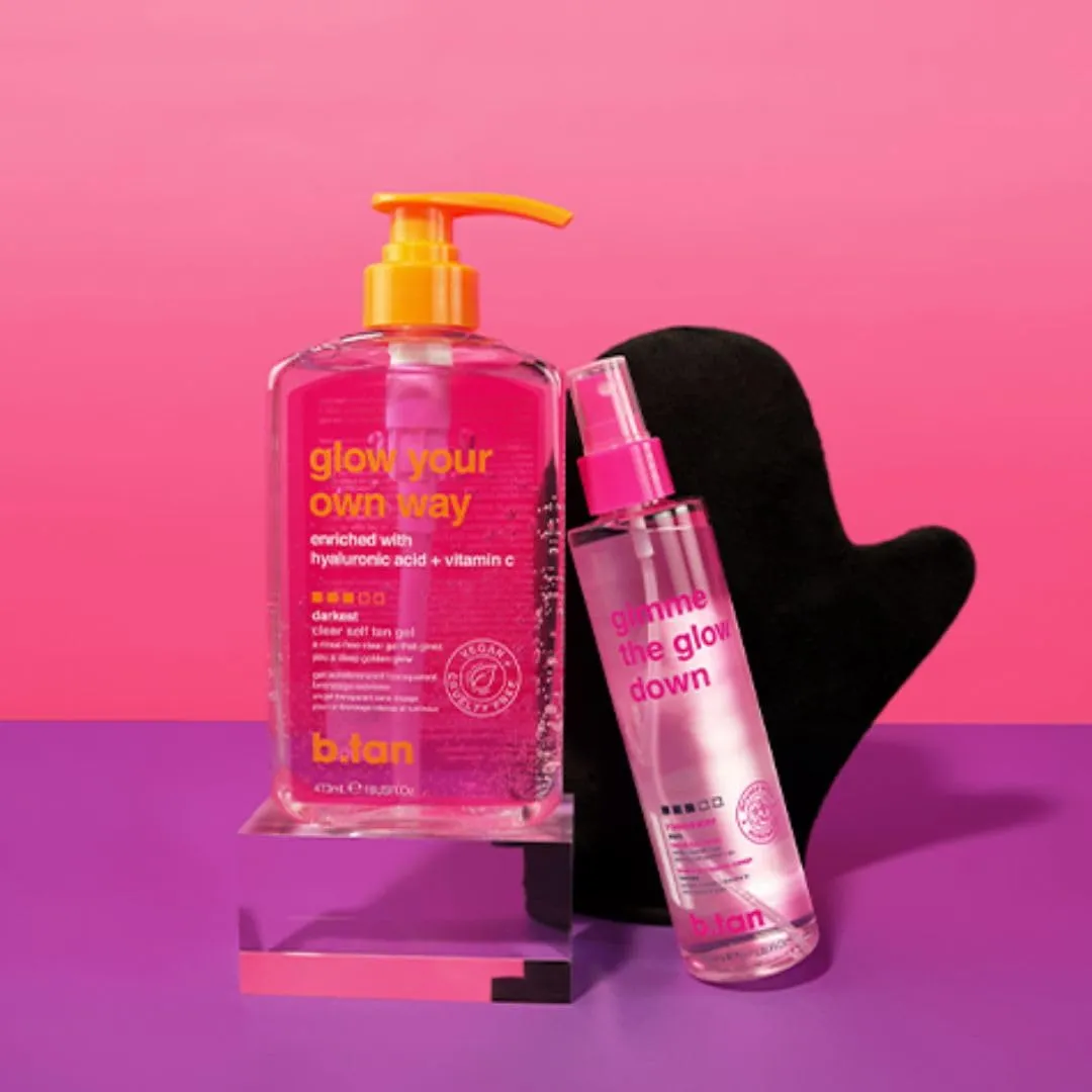 b.tan Best Clear Self Tan Gel & Face Spray Kit | Glow Your Own Way   Mist Bundle - Dark, 1 Hour Express, Transfer-Resistant Fake Tanner Gel with Gradual Tan Facial Mist, with Body Mitt Applicator