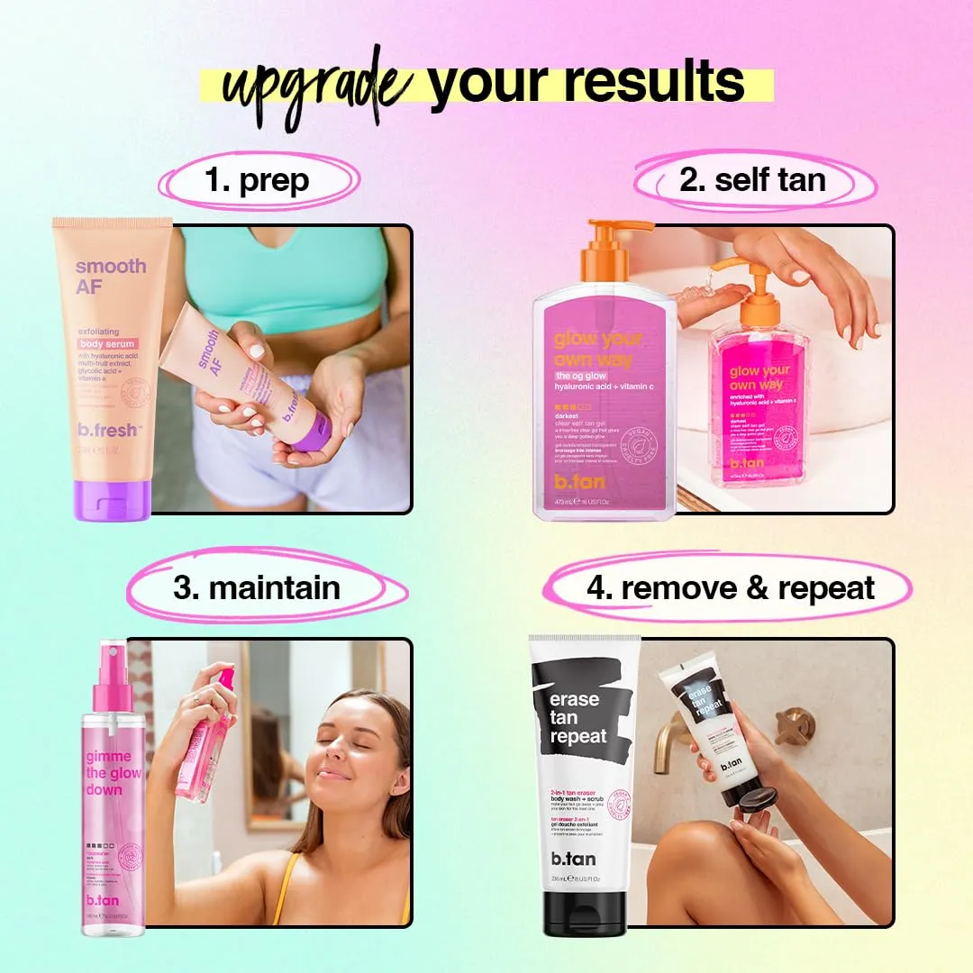 b.tan Best Clear Self Tan Gel & Face Spray Kit | Glow Your Own Way   Mist Bundle - Dark, 1 Hour Express, Transfer-Resistant Fake Tanner Gel with Gradual Tan Facial Mist, with Body Mitt Applicator