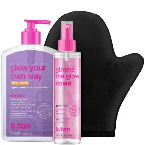 b.tan Clear Self Tanning Gel & Face Spray Kit | Glow Your Own Way Next Level   Gradual Facial Tan Mist Bundle - Dark, 1 Hour Express, Transfer-Resistant Fake Tanner, with Body Mitt Applicator
