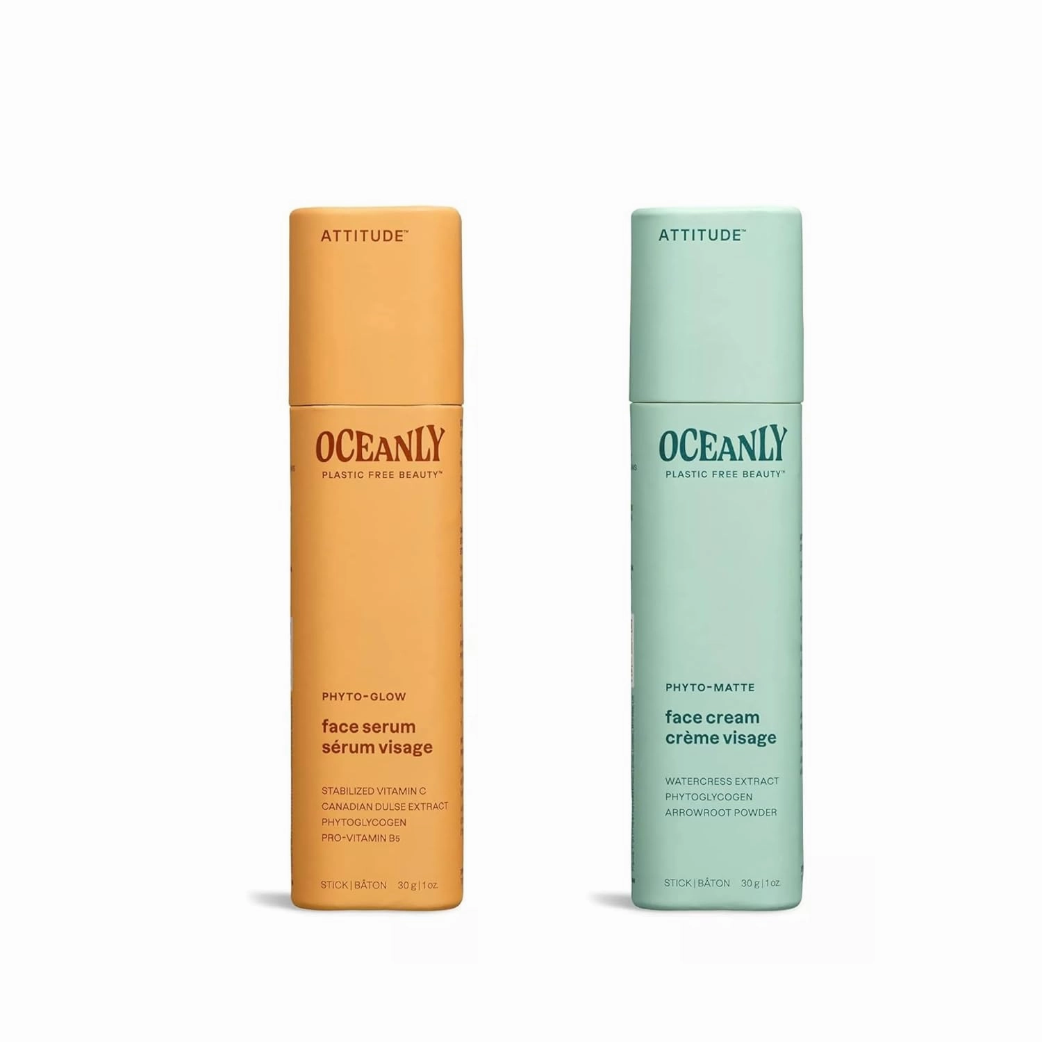 Bundle of ATTITUDE Oceanly Face Serum Stick, EWG Verified, Plastic-free, Plant and Mineral-Based Ingredients, Vegan Skincare, PHYTO GLOW, Unscented, 1 Ounce   Face Cream Stick, PHYTO MATTE, 1 Ounce