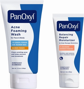 Bundle of PanOxyl Acne Foaming Wash Benzoyl Peroxide 10% Maximum Strength Antimicrobial, 5.5 Oz   PanOxyl PM Balancing Repair Moisturizer with Niacinamide, Ceramides and Cica, 3 oz