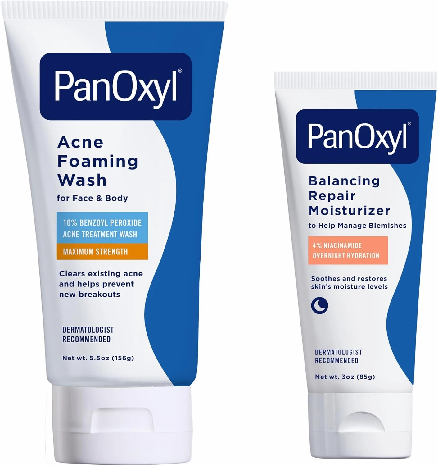 Bundle of PanOxyl Acne Foaming Wash Benzoyl Peroxide 10% Maximum Strength Antimicrobial, 5.5 Oz   PanOxyl PM Balancing Repair Moisturizer with Niacinamide, Ceramides and Cica, 3 oz