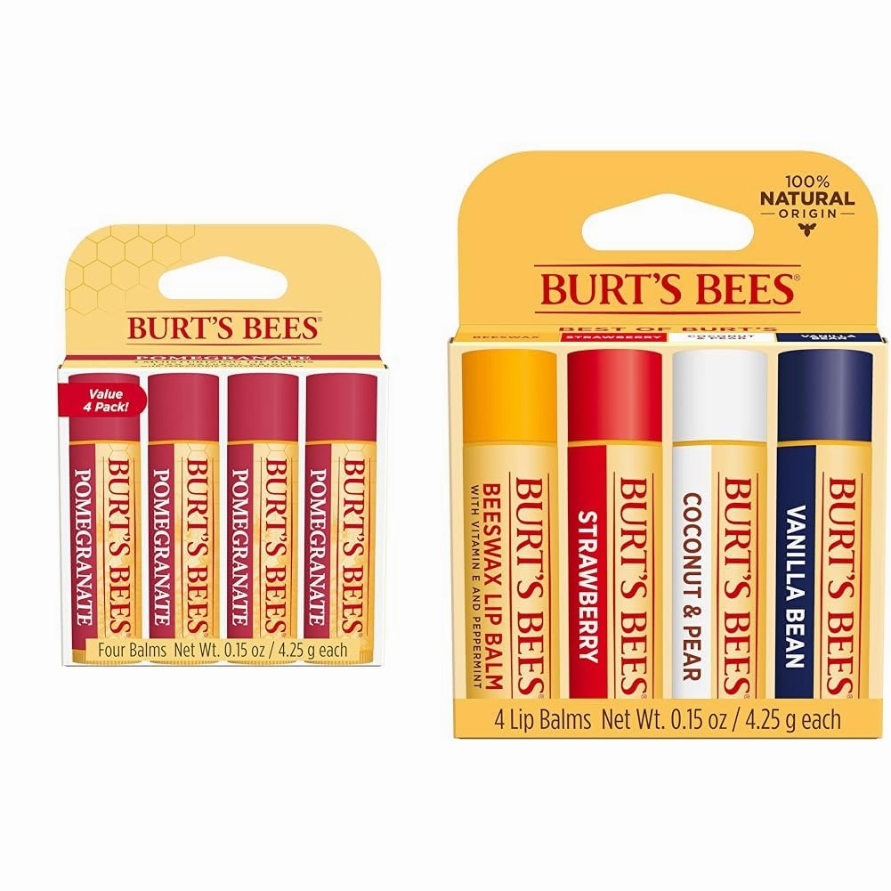 Burt's Bees Lip Balm Valentines Day Gifts, Pomegranate, Lip Moisturizer With Sourced Beeswax & Lip Balm Valentines Day Gifts, Beeswax, Strawberry, Coconut and Pear, and Vanilla Bean