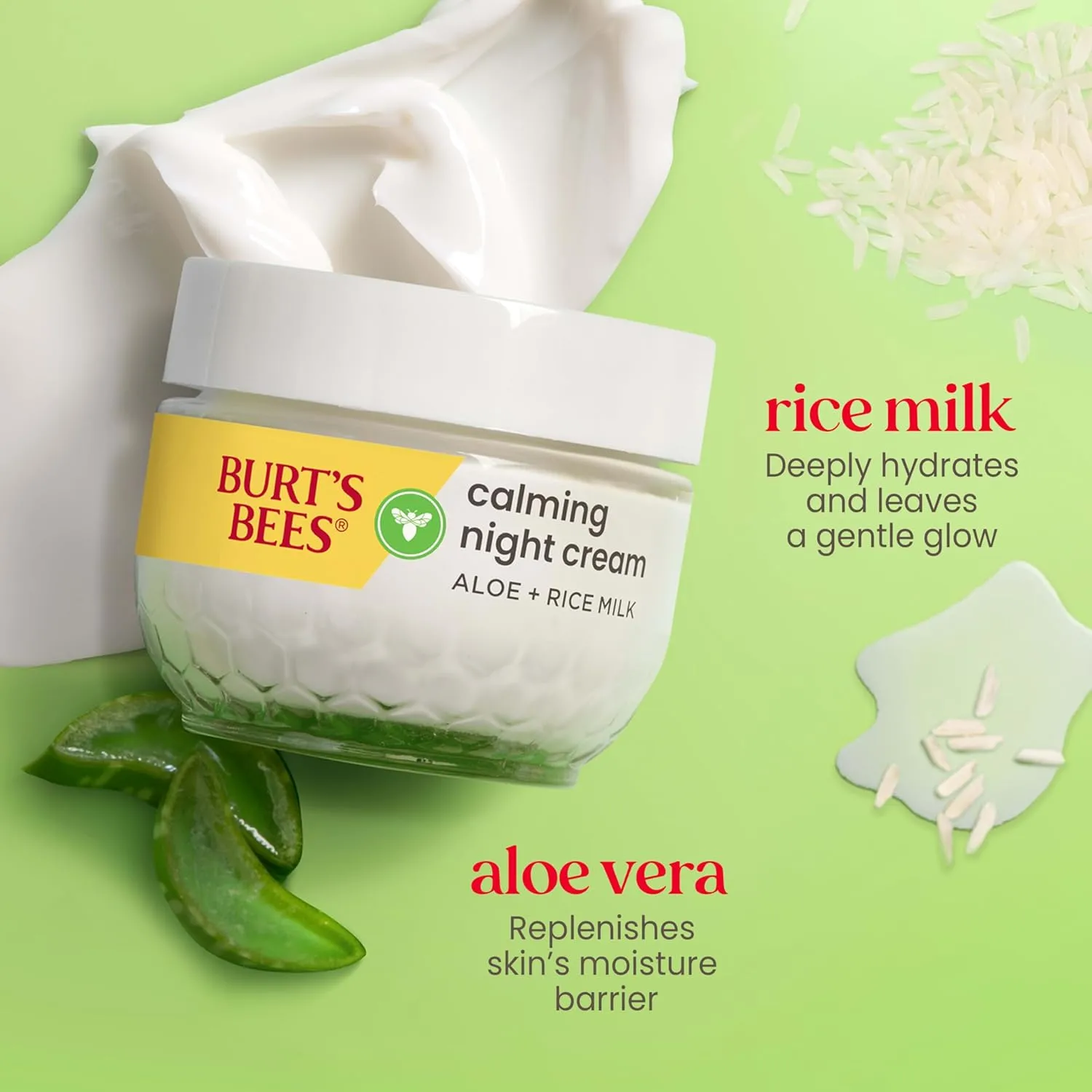 Burt's Bees Calming Night Cream, Mothers Day Gifts, With Aloe and Rice Milk, Face Moisturizer For Sensitive Skin Infuses Skin With Moisture While You Sleep, 98.8 Percent Natural Origin, 1.8 oz. Tub